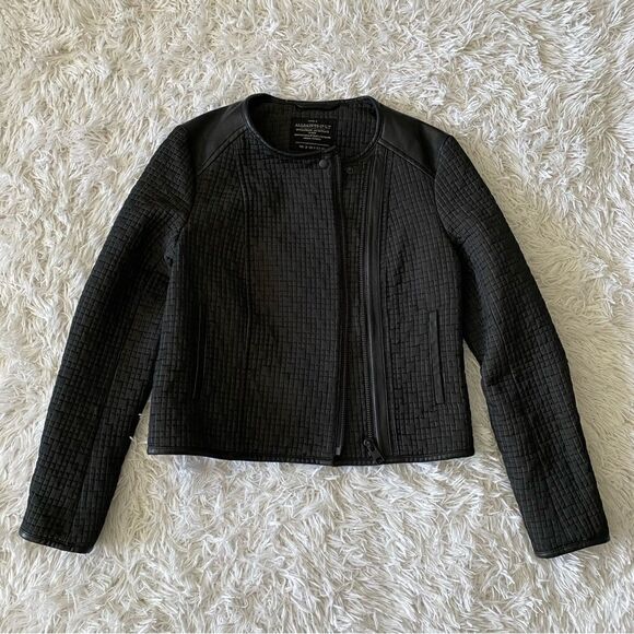 All Saints Black Wool Blend Quilted Moto Jacket with Leather Trim Size 8 - Picture 7 of 11
